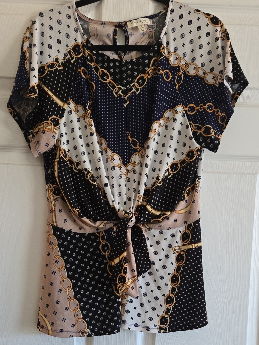 Faith and Joy Black White Gold Chain-Print Tie-Front Top